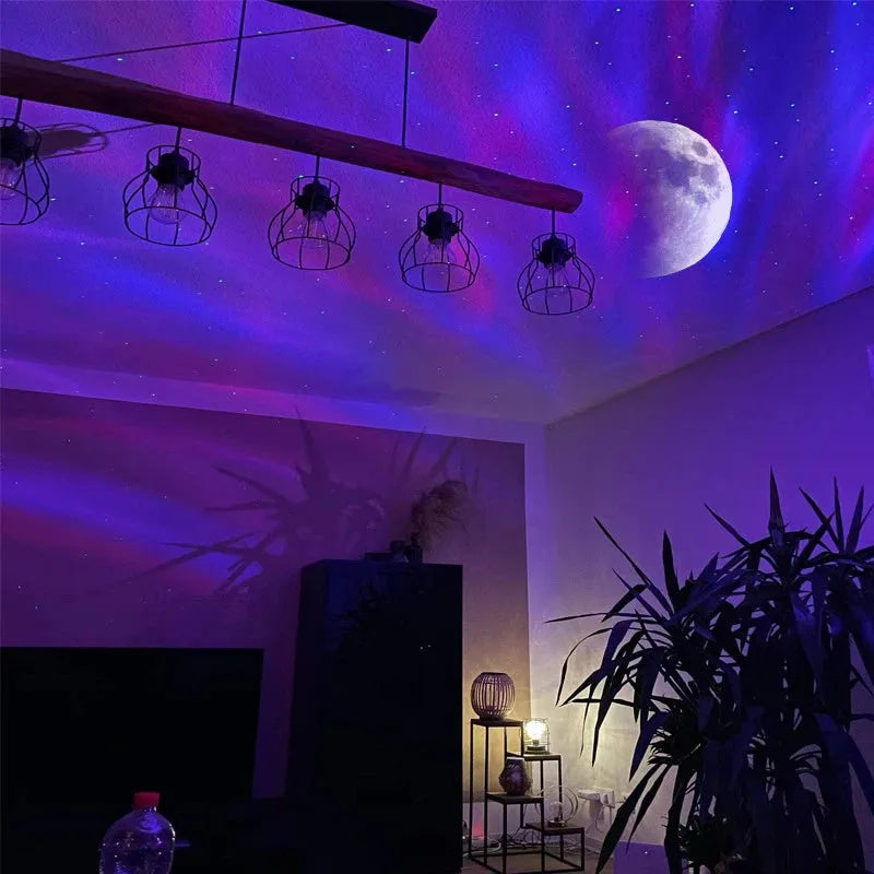 White ABS plastic Northern Lights star projector lamp with USB cable and remote control on table