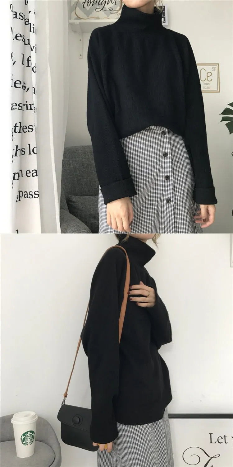 Women's solid colour loose top with a half-high collar and long sleeves in apricot.