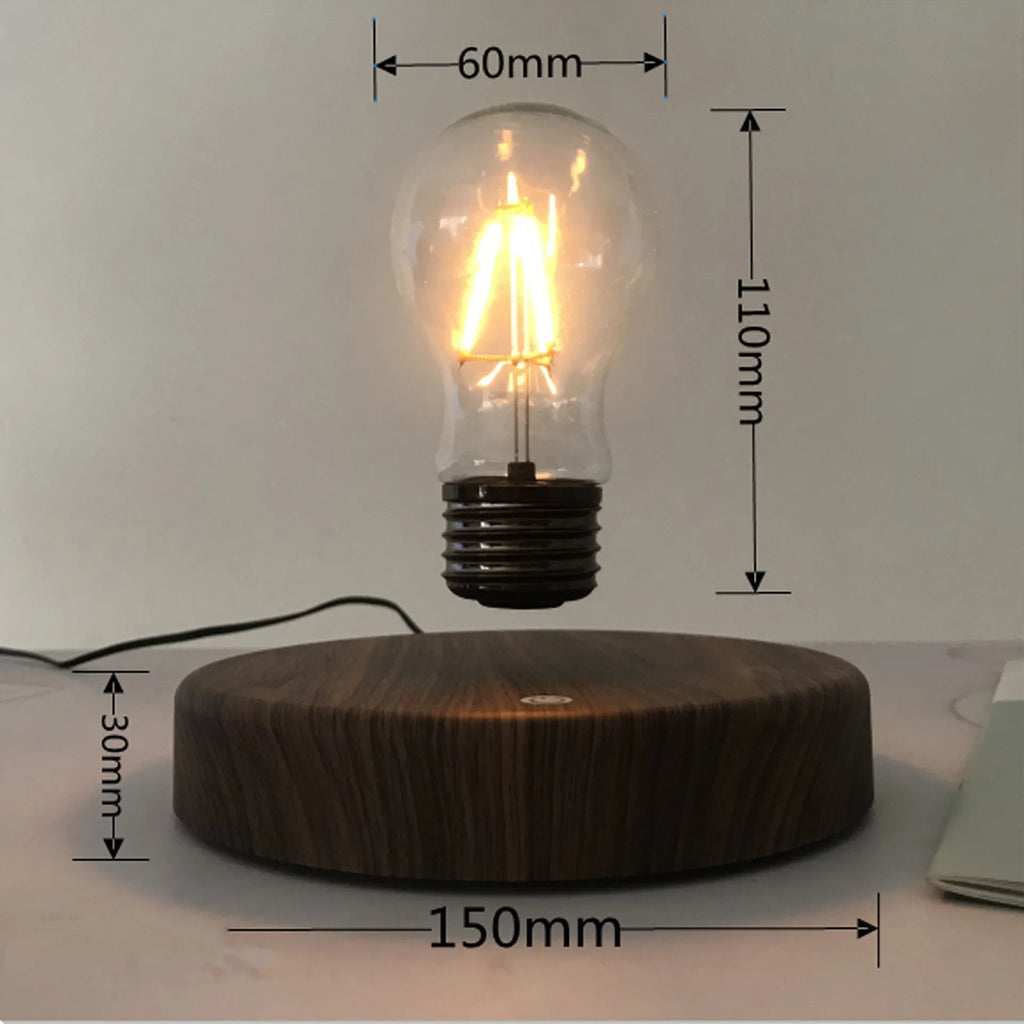Magnetic levitation bulb night light floating above solid wood colour base with plug adapter options