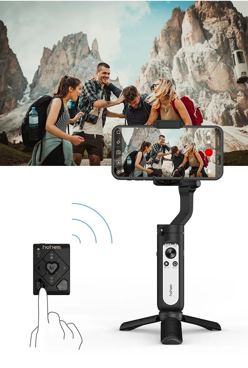 Black 3-axis mobile phone gimbal stabiliser shown in folded position