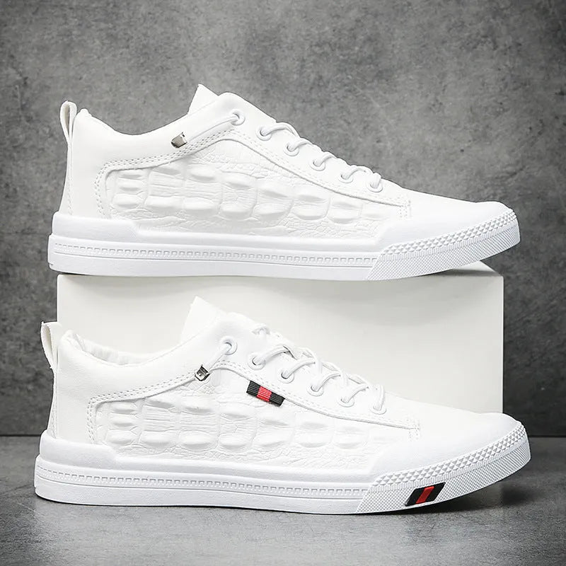 White men's lace-up casual sneakers with a PU leather upper and rubber sole on a flat heel.