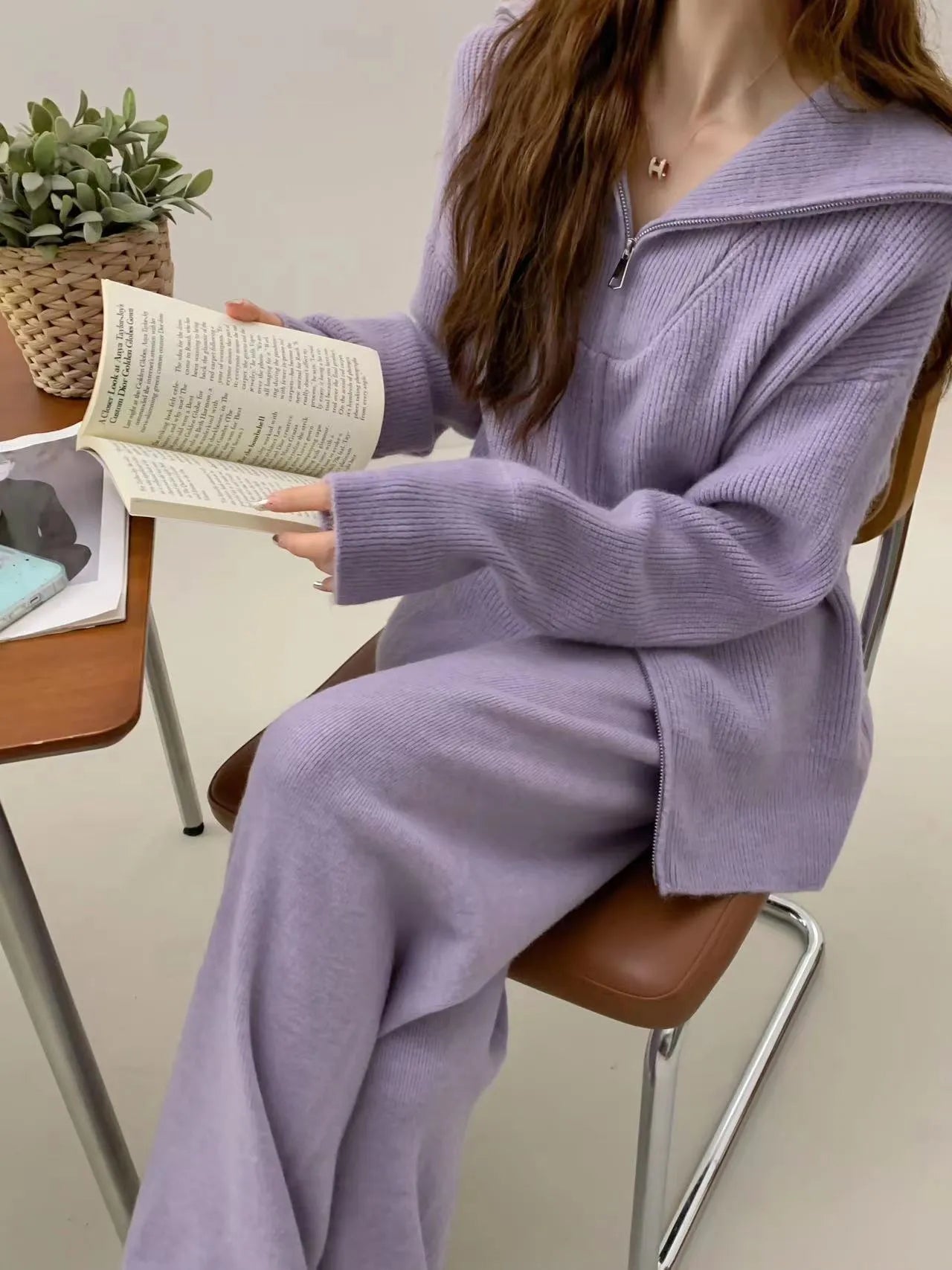Women's knitted zip cardigan and wide-leg trousers polyester co-ord set in solid colour