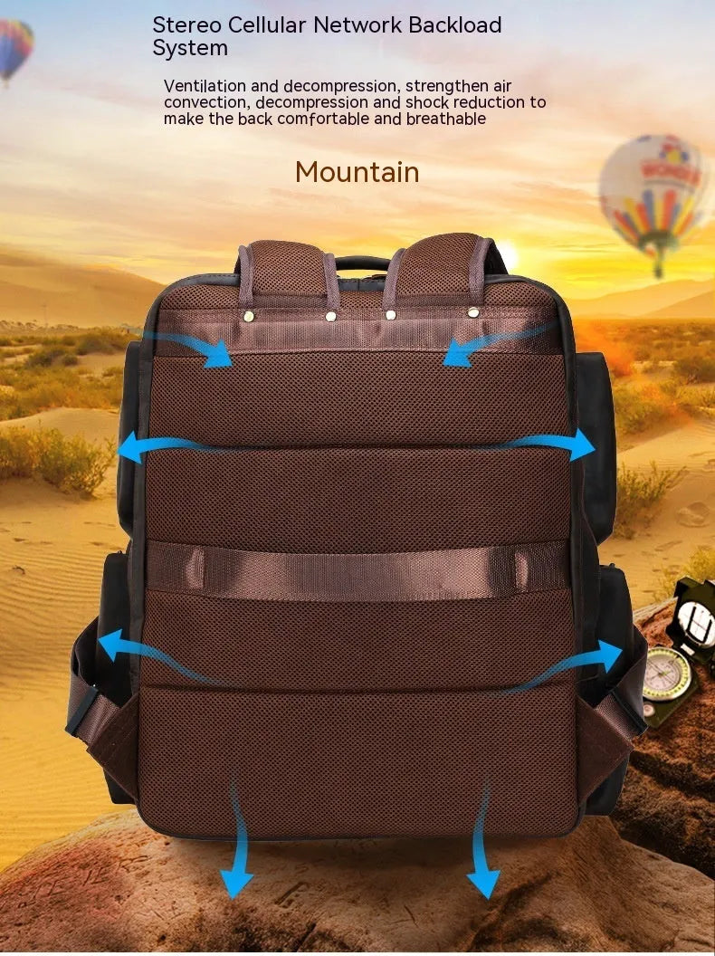 Dark brown retro crazy horse leather backpack for men open to show 17-inch laptop compartment and internal organisers.