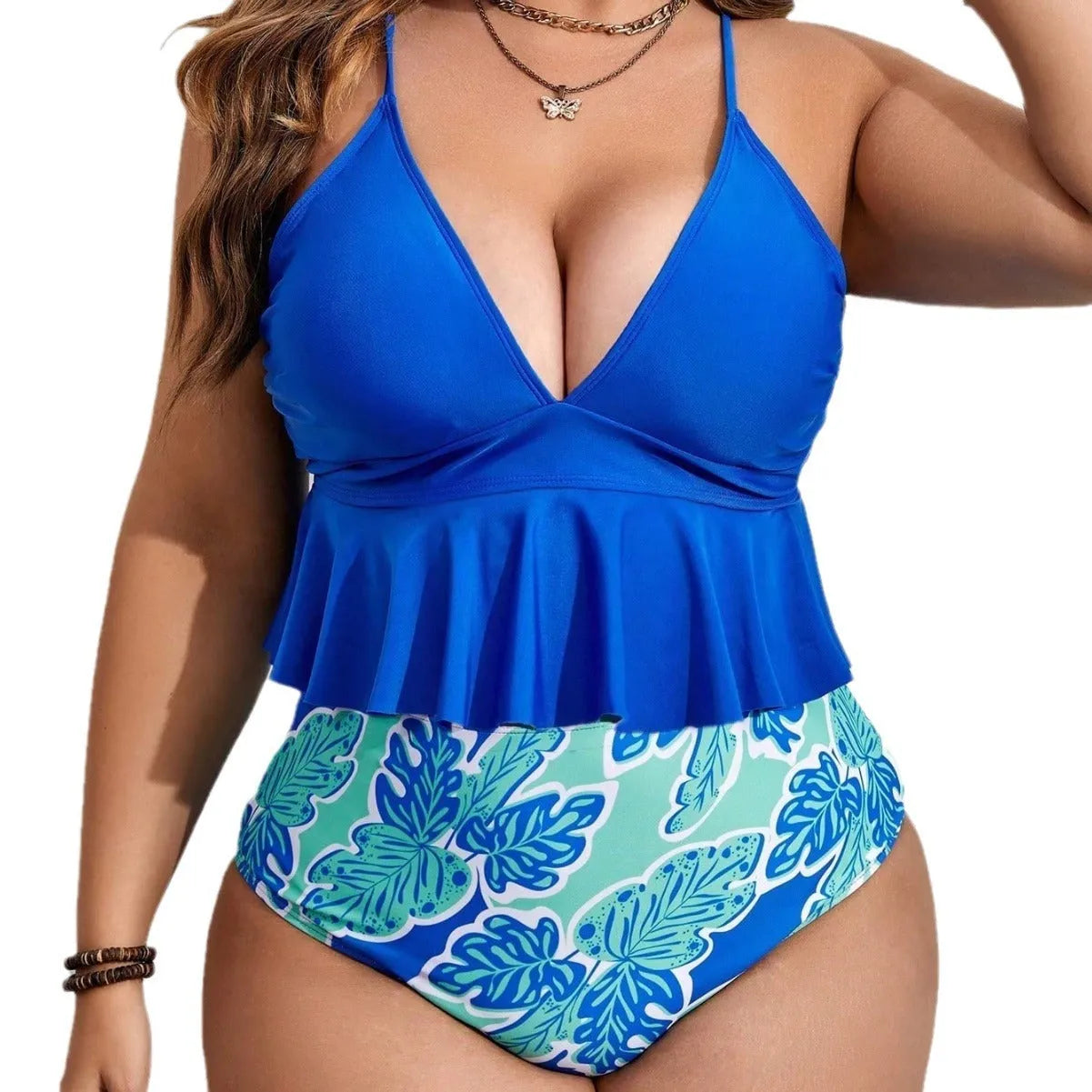 Blue plus size women's bikini suit with briefs bottom in sizes 0XL to 4XL
