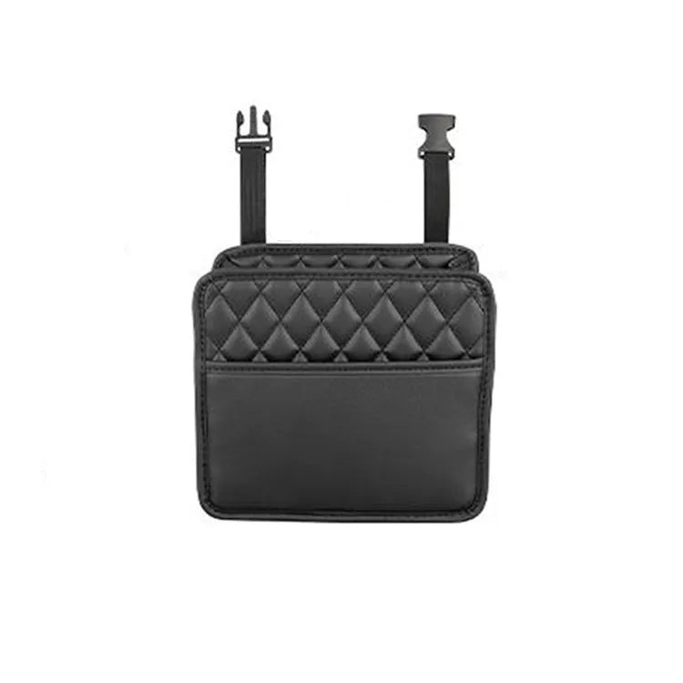 Black leather hanging storage bag and trash can for car interior, showing dimensions of 25cm by 25cm.