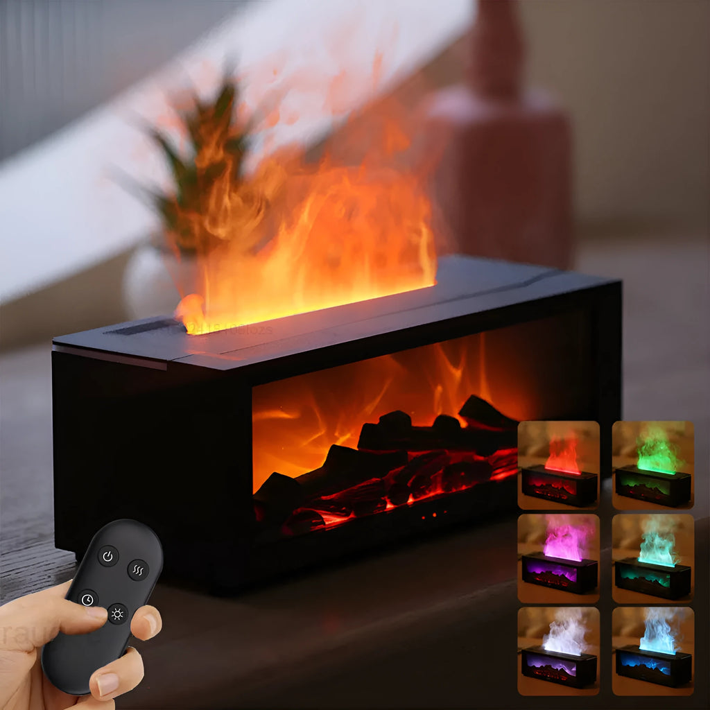 Square black flame effect aromatherapy diffuser with coloured LED lights and mist emitting, remote control beside it.