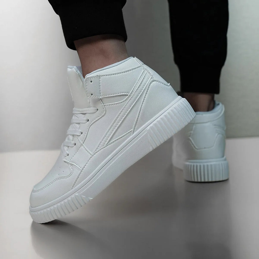 Men's white round toe casual shoes with a microfibre upper on a plain background.