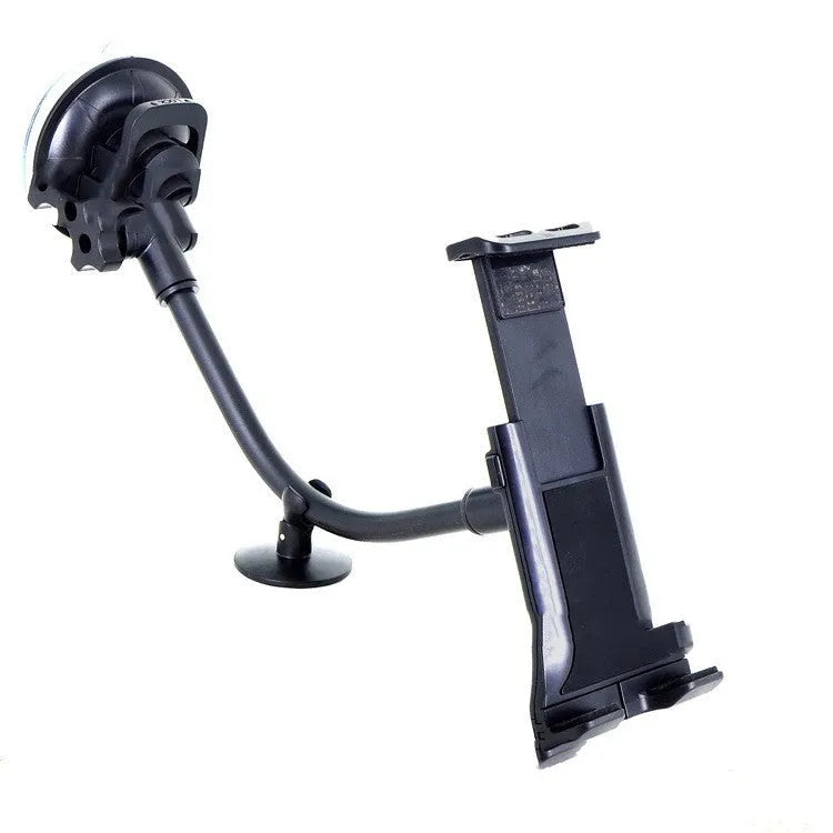 Black vehicle-mounted tablet holder with long-rod suction cup for 4-12 inch devices on a car dashboard.
