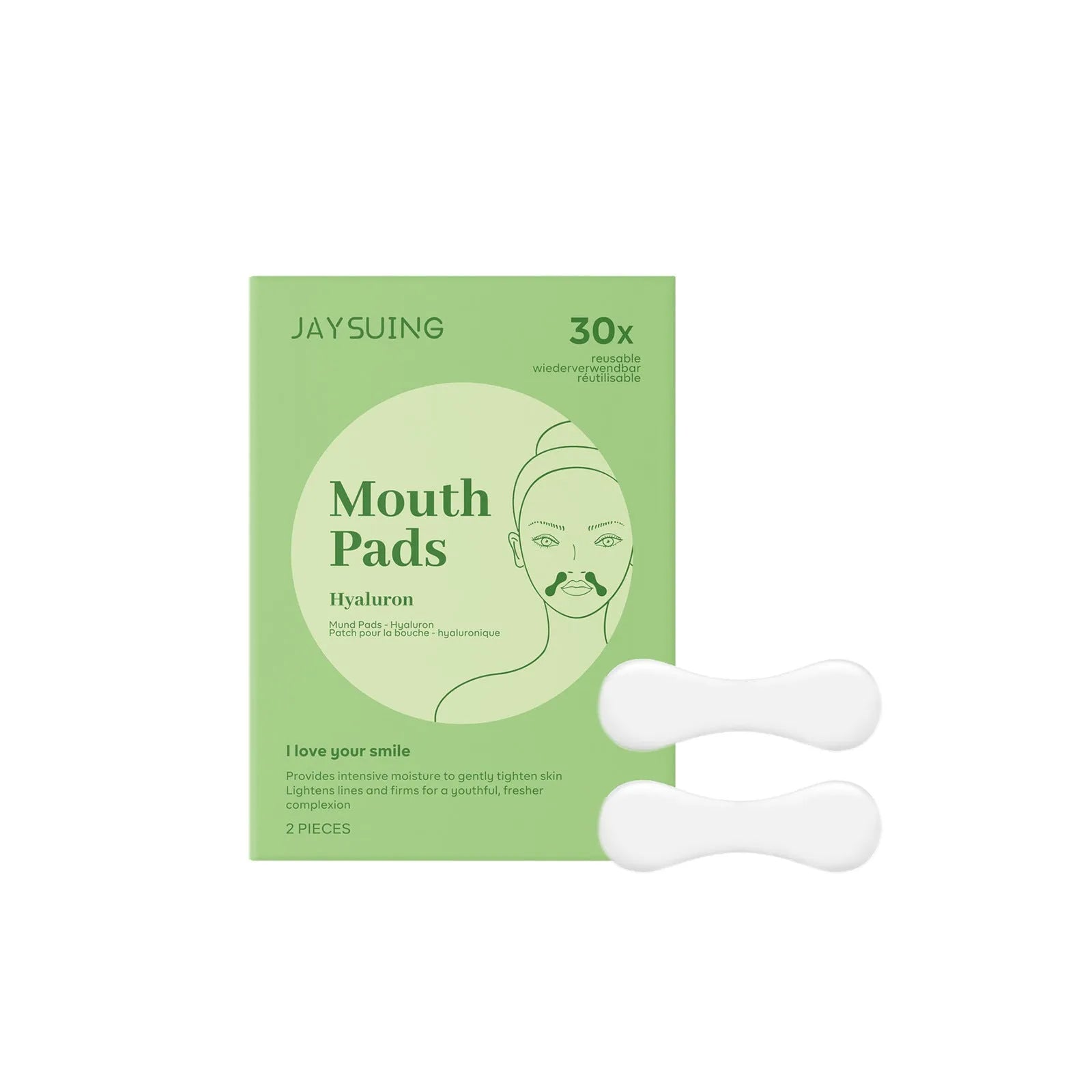 Two facial skin firming care patches showing 4.7cm by 7.8cm dimensions with hyaluronic acid and collagen ingredients