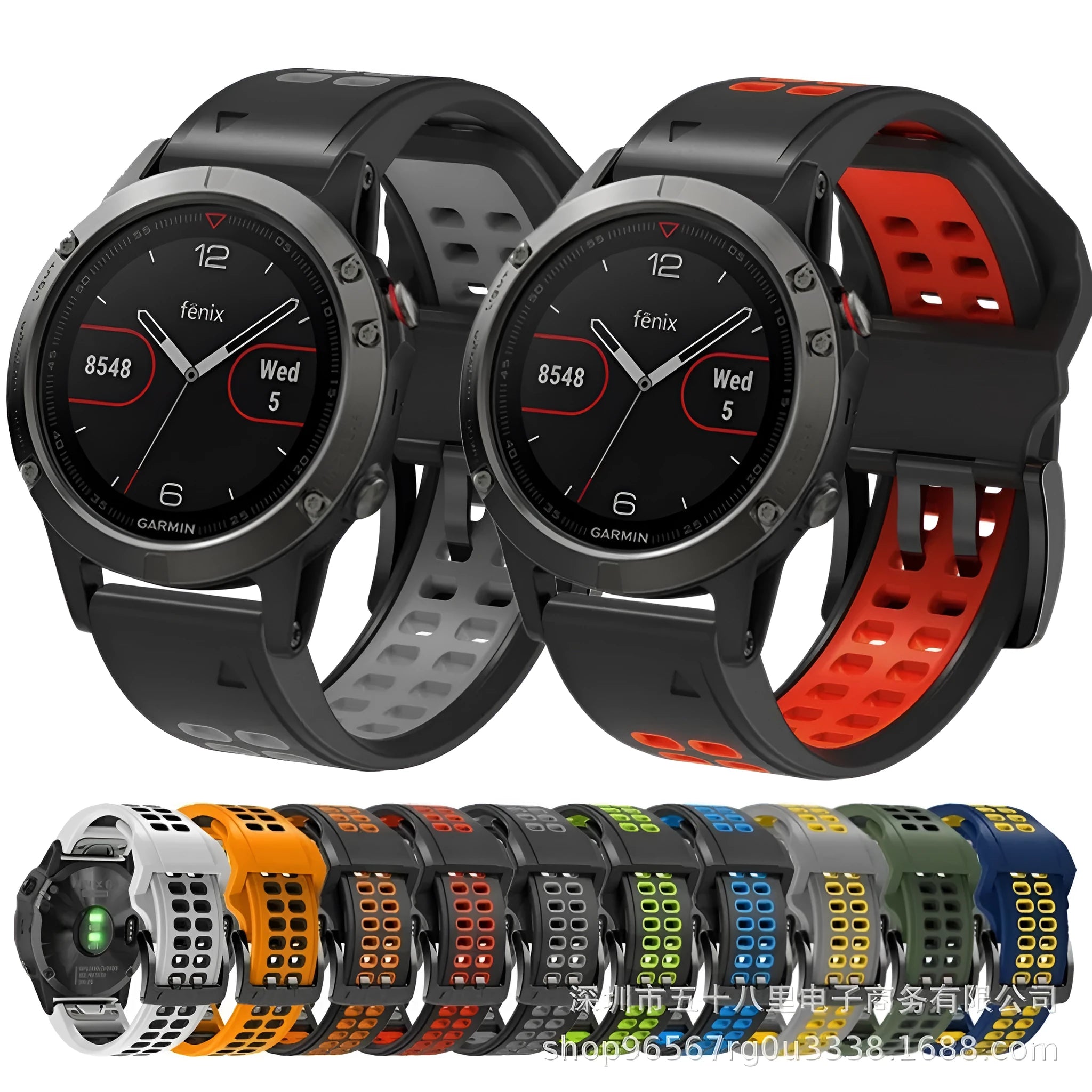 Two-tone quick release silicone watch strap showing pin buckle and colour options on grey background.