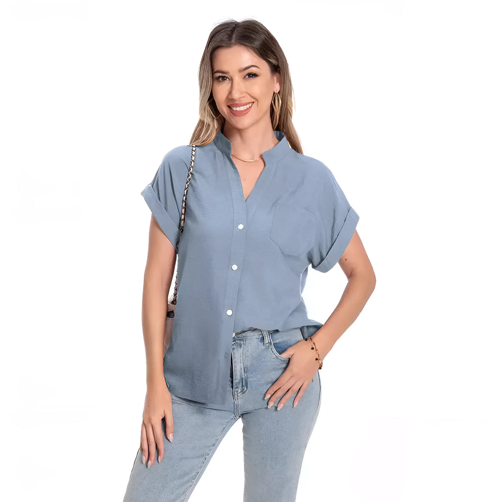 Women's loose fit stand collar button short sleeve top in Army Green colour