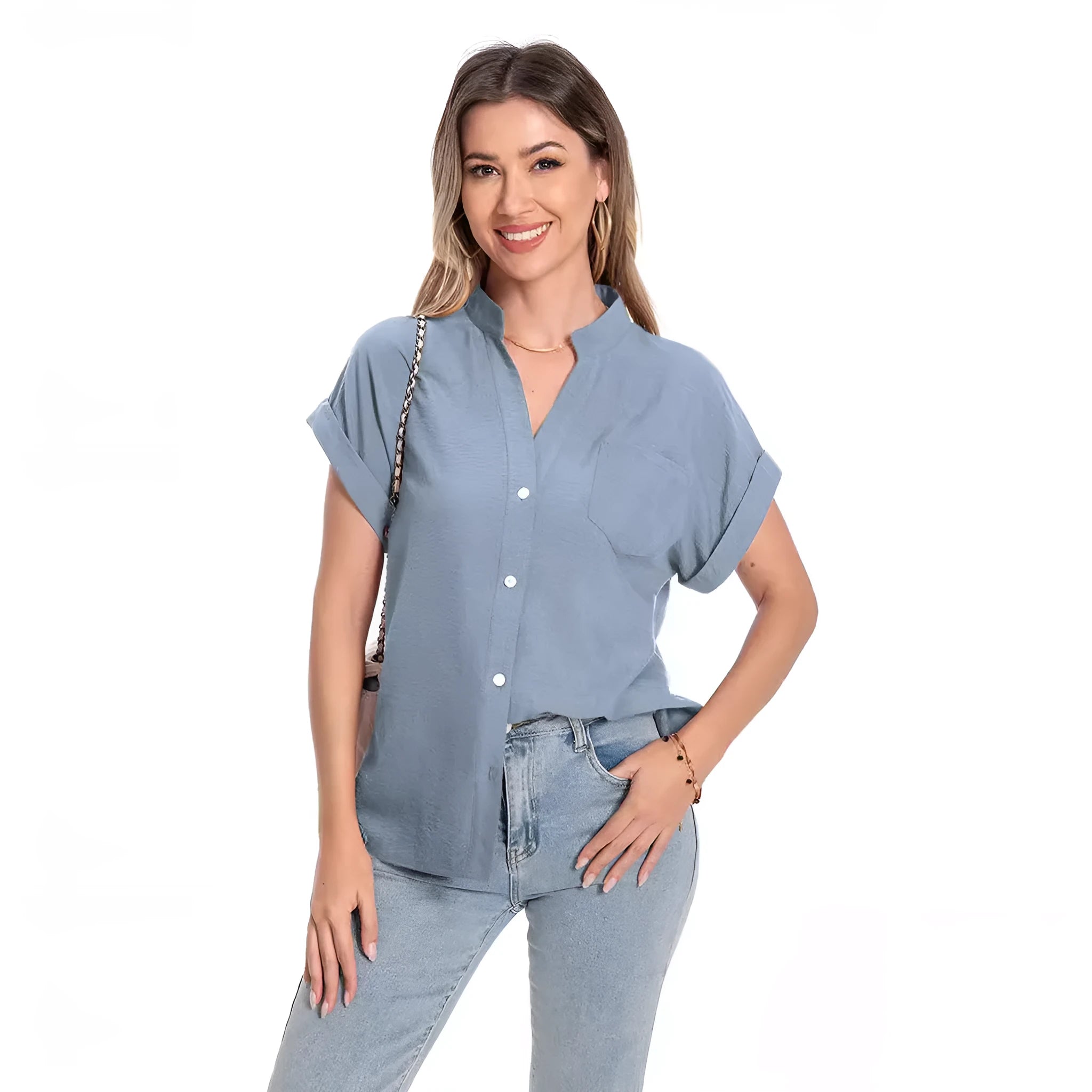 Women's loose fit stand collar button short sleeve top in Army Green colour
