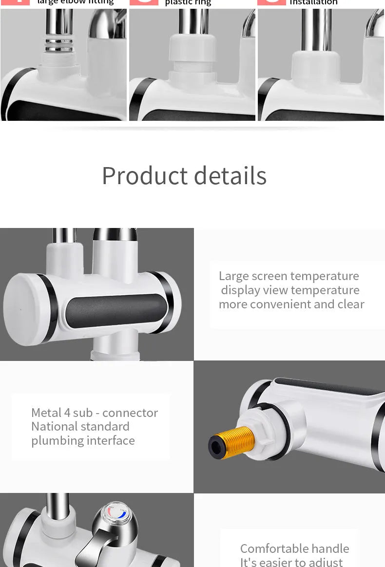 White kitchen electric water heater tap with digital temperature display and instant heating capability