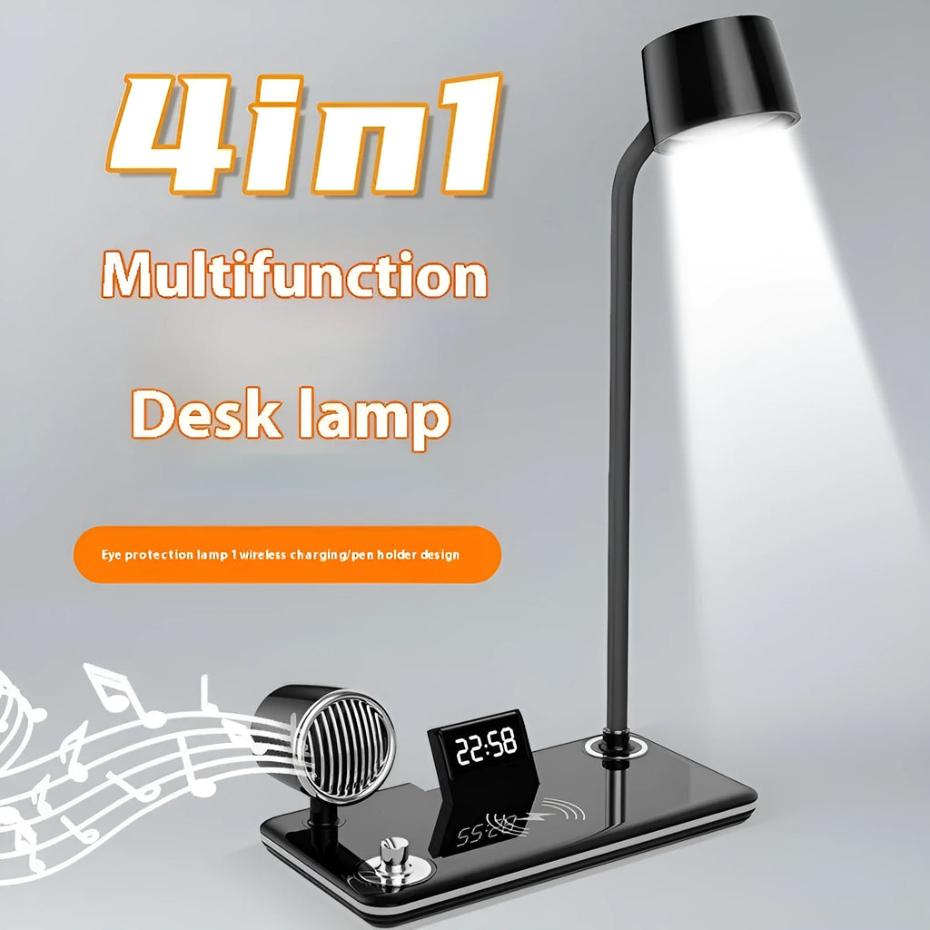 White and black intelligent wireless charging lamp with digital time display on desk