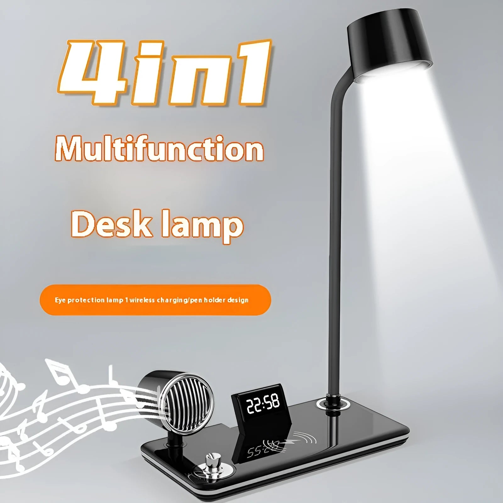 White and black intelligent wireless charging lamp with digital time display on desk