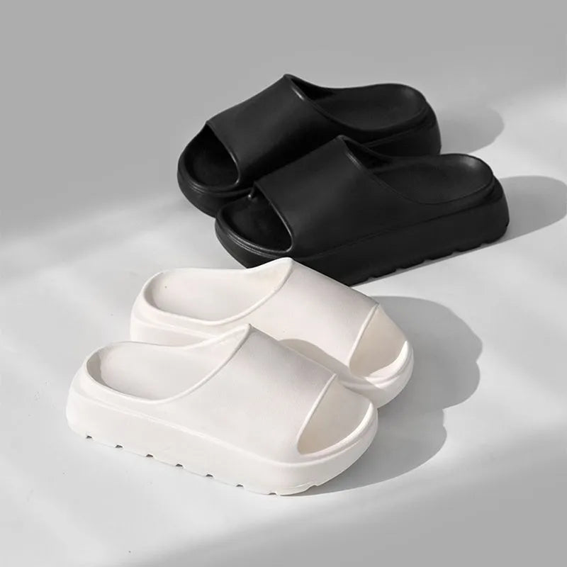 Women's thick sole fish mouth slippers in beige colour, showing the elevated EVA outsole.