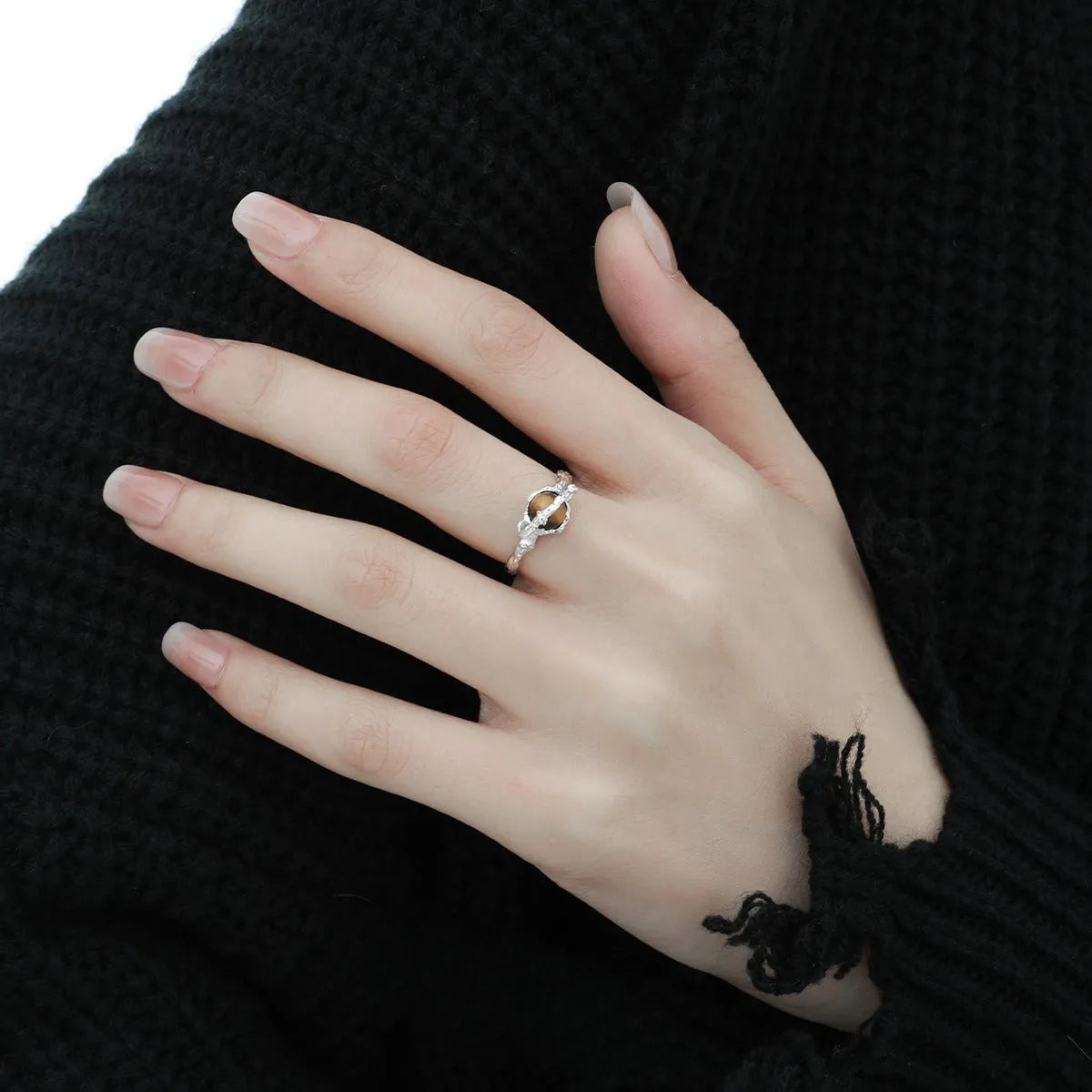 Women's adjustable Saturn Tigereye open ring in silver electroplated white gold colour.