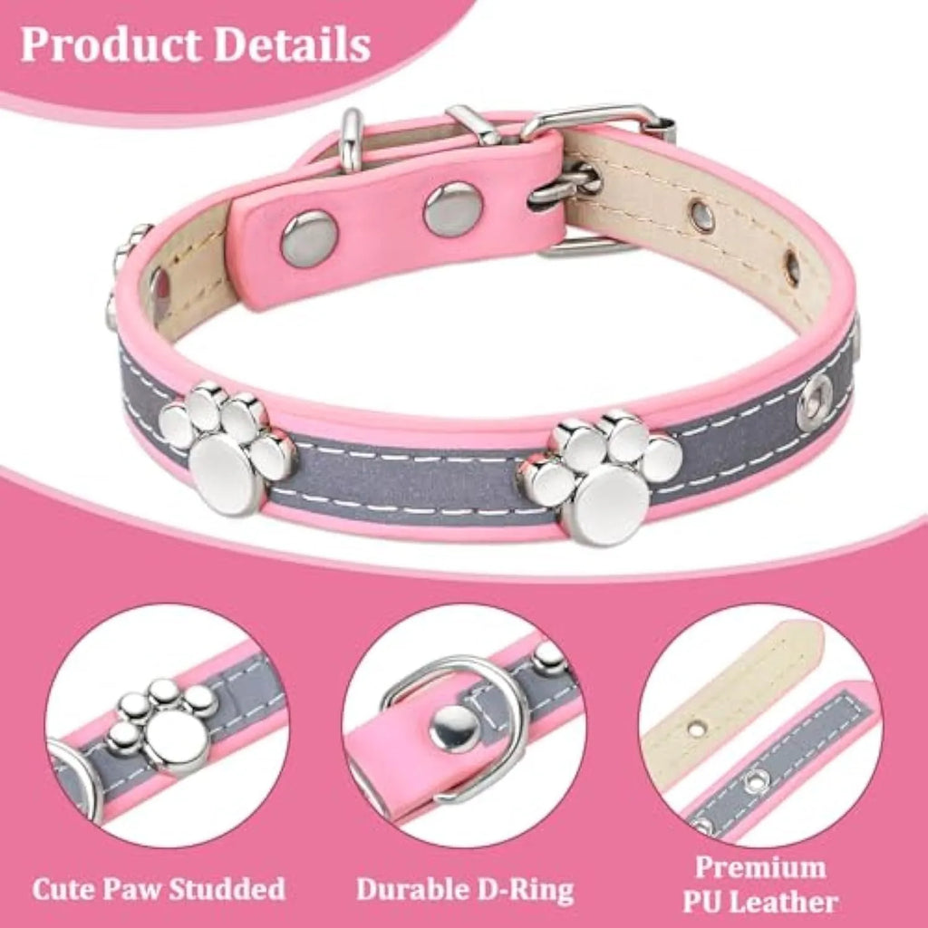 Reflective leather dog collar with metal paw rivet and buckle on a grey background