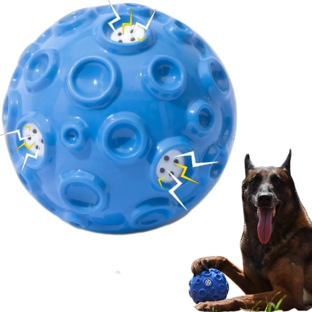 Colourful dog toy ball with textured meteorite bumps for teeth cleaning and squeaky sound