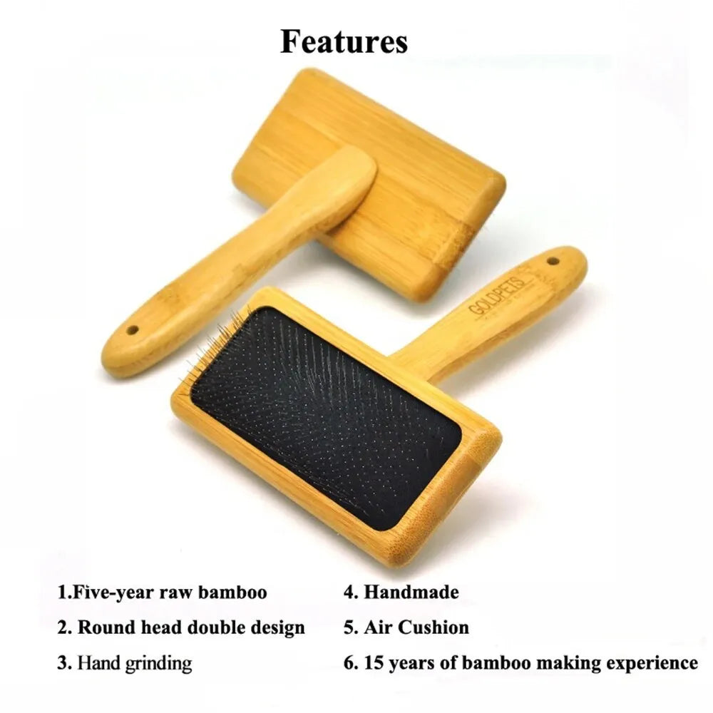 Goldpets bamboo wood slicker brush for pets with stainless steel pins on a wooden handle.