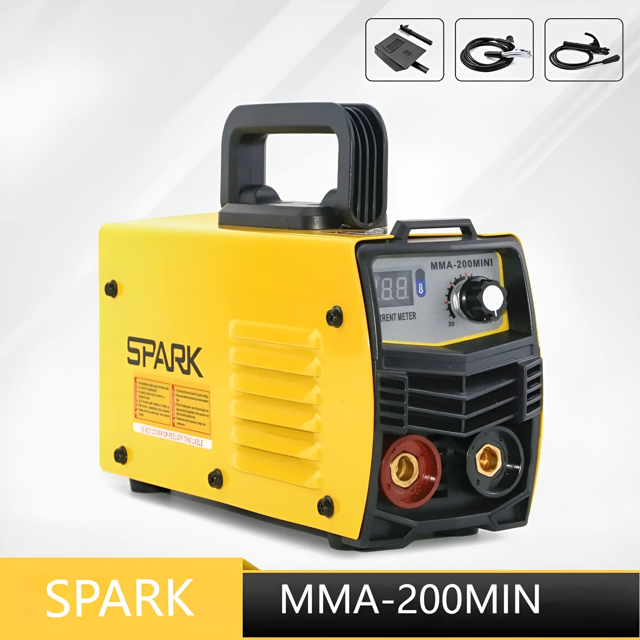MMA-200MIN 220V DC inverter welding machine with welding tongs, clamp, face shield, and brush hanger.