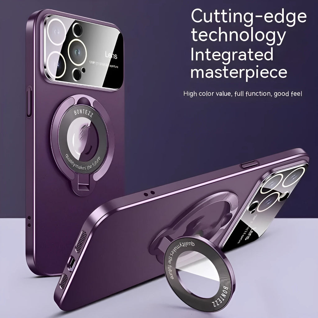 Frosted magnetic bracket phone case for iPhone on a table with bracket extended.