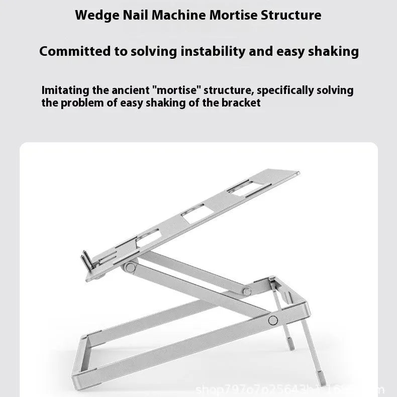 Aluminium alloy folding notebook cooling rack showing laptop elevation and compact folded position