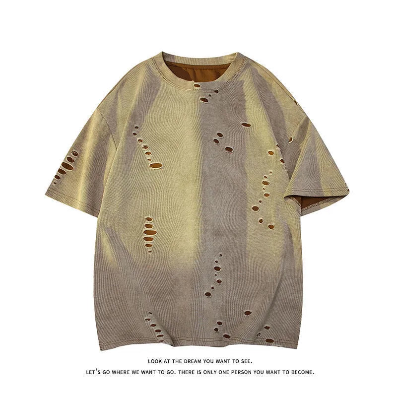 Men's grey loose-fit ripped short sleeve cotton blend T-shirt on a hanger.