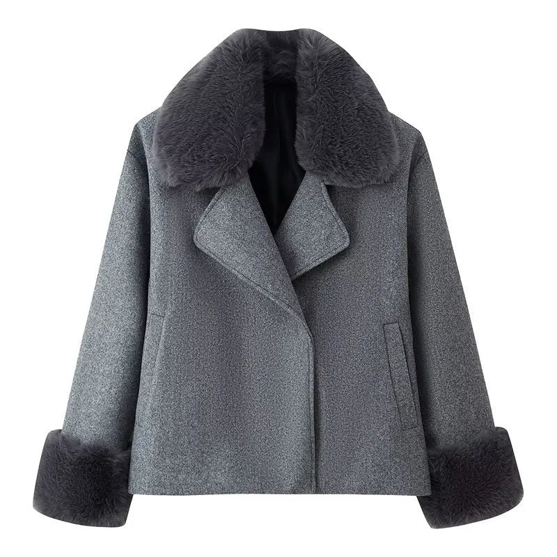 Women's short wool coat with imitation fur collar, gray, regular fit, extended length, on a model