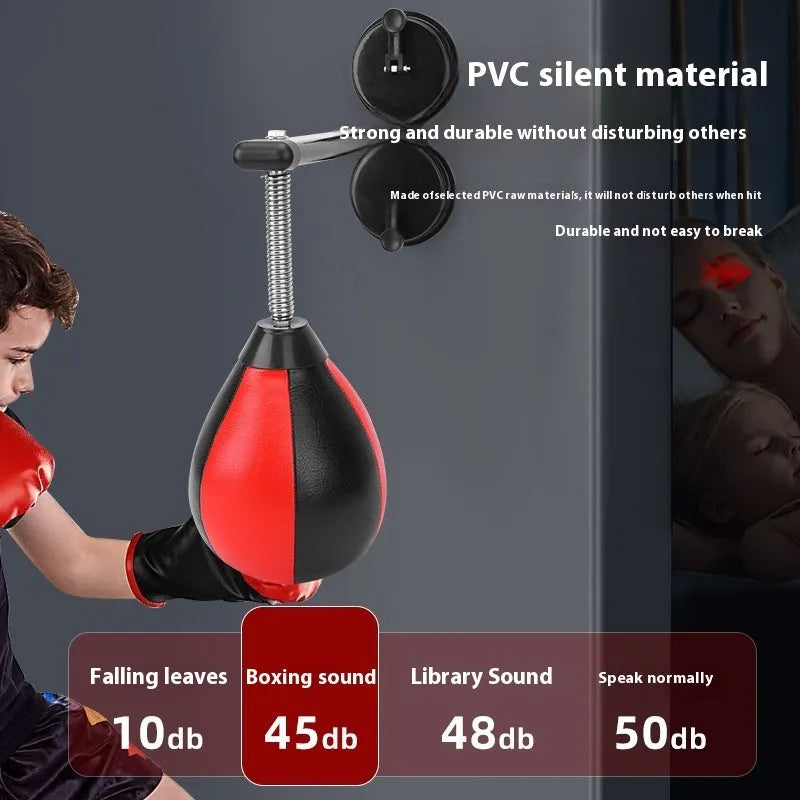 Red and black PU hanging boxing training ball with pump and mounting screw on a white background