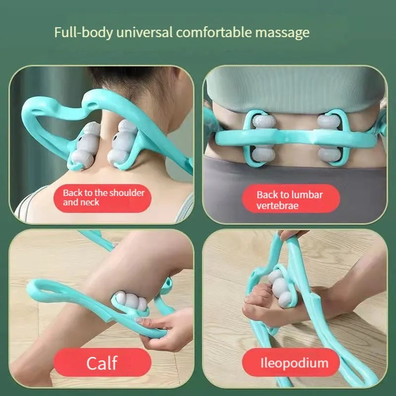 Blue manual neck massager with pressure nodes showing 360-degree rotation mechanism