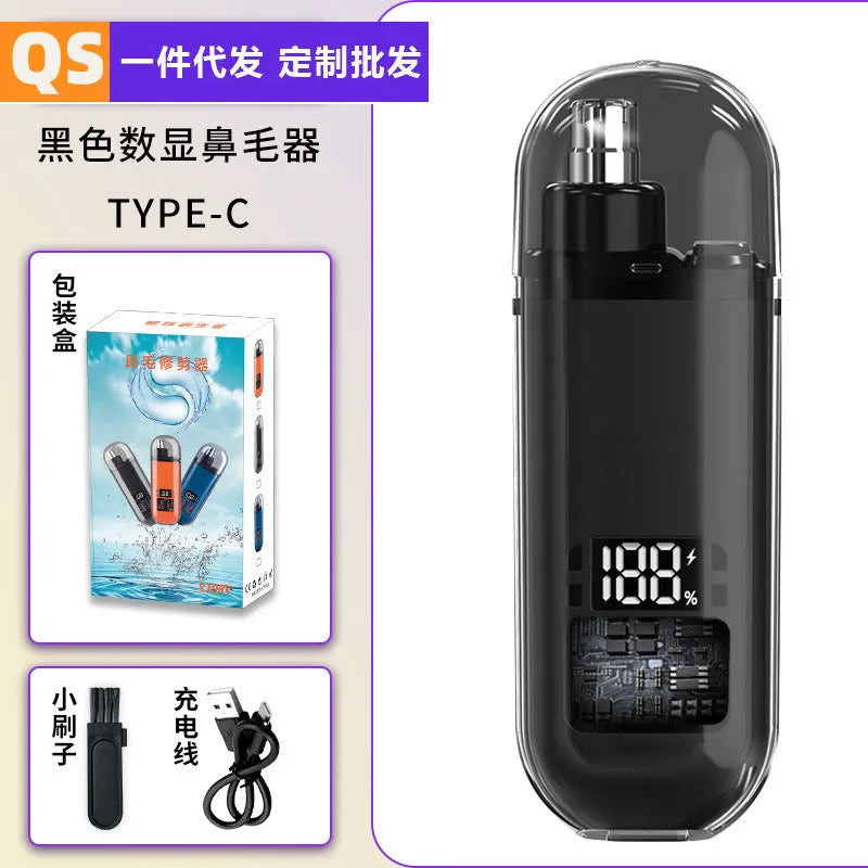 Rechargeable nose hair trimmer with digital display and removable cutter head.