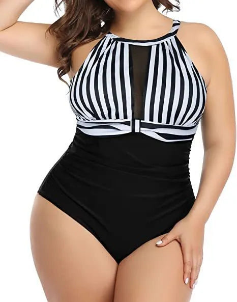 Women's black lace one-piece swimsuit on a hanger, showing front design.