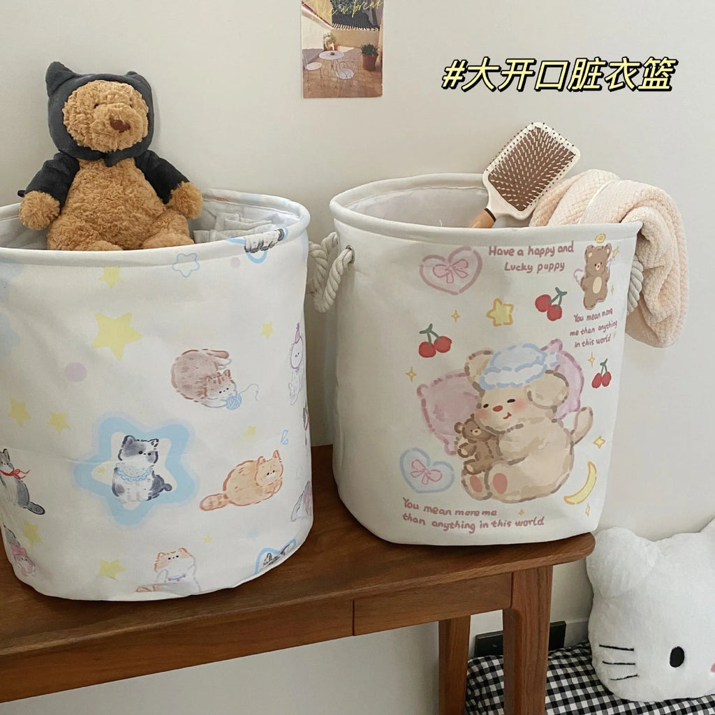 Foldable cotton laundry basket in Baby Bear and Rabbit design collapsed and unfolded showing storage capacity