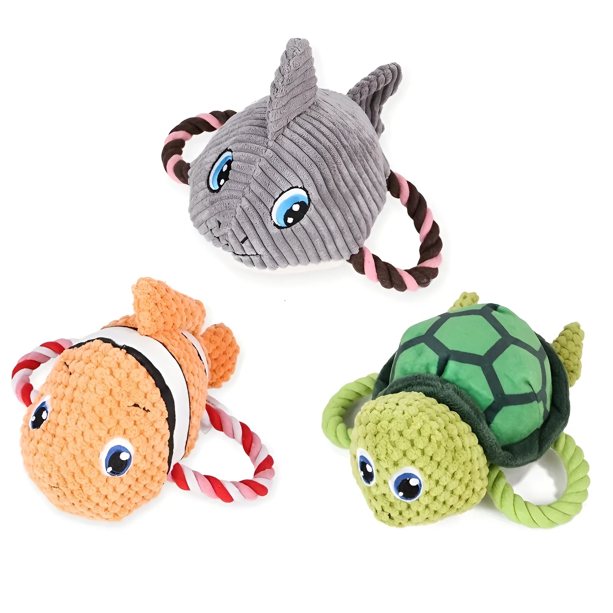 Turtle shaped plush dog chew toy with knotted rope interior in grey green and orange colour options