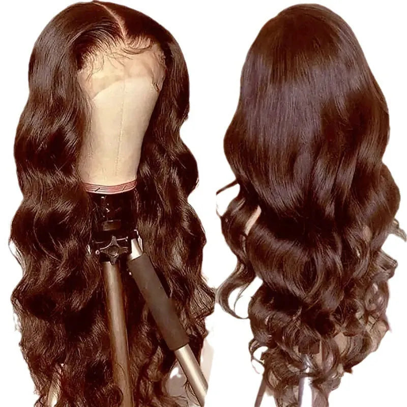 Front lace wig with long curly dark brown hair and side bangs in exotic European style