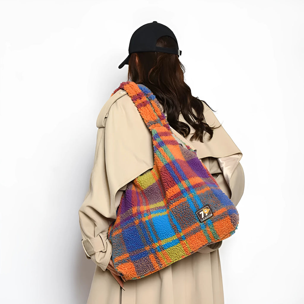 Women's plaid crossbody tote bag in Army Green with horizontal square shape and soft plush material