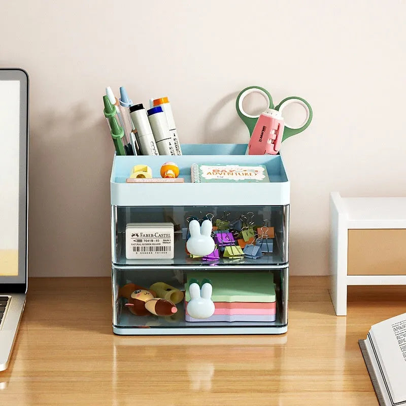 Transparent partitioned desktop storage box in cherry blossom pink with grid compartments and dustproof lid