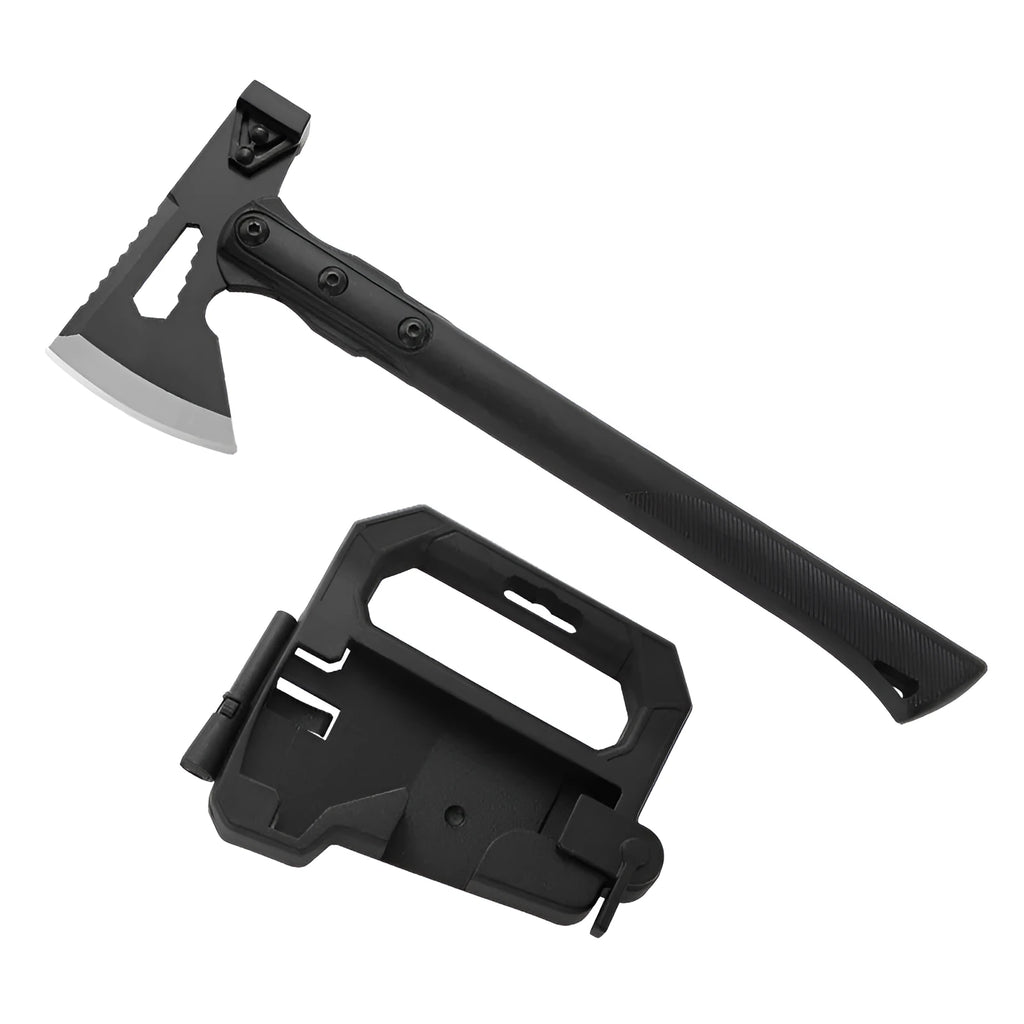 Multi-functional camping axe with stainless steel head and black ABS plastic handle