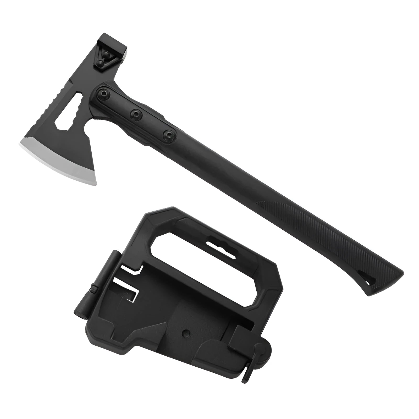 Multi-functional camping axe with stainless steel head and black ABS plastic handle