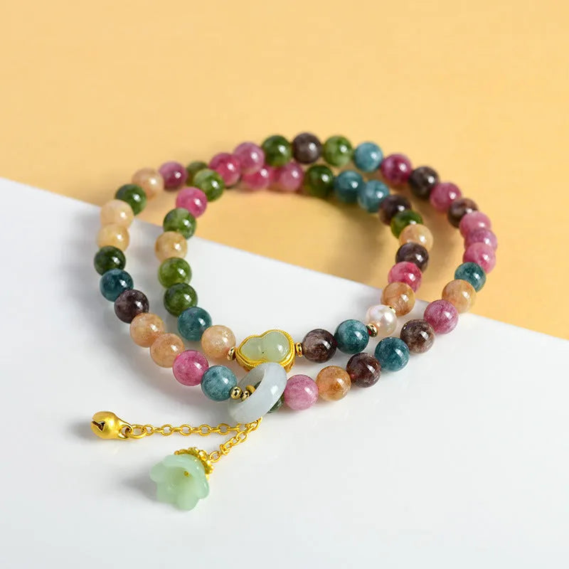 Women's double circle bracelet with chalcedony beads and geometric design