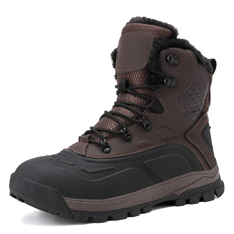 Men's black high-top lace-up boots with fleece lining, shown on a flat heel with a ribbed TPR outsole.