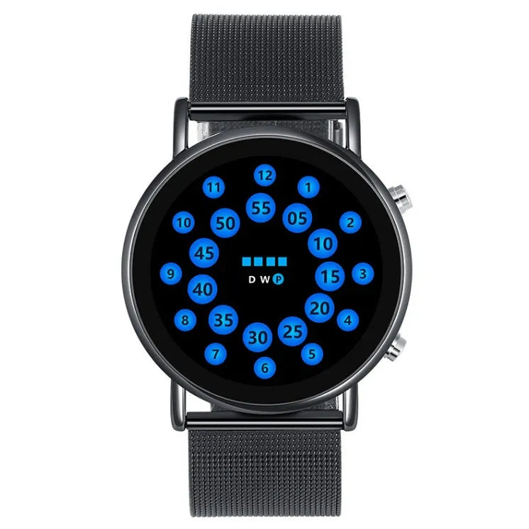 Black shell LED watch with blue illumination on stainless steel mesh strap showing 38mm round dial