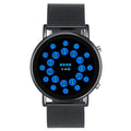 Black shell LED watch with blue illumination on stainless steel mesh strap showing 38mm round dial
