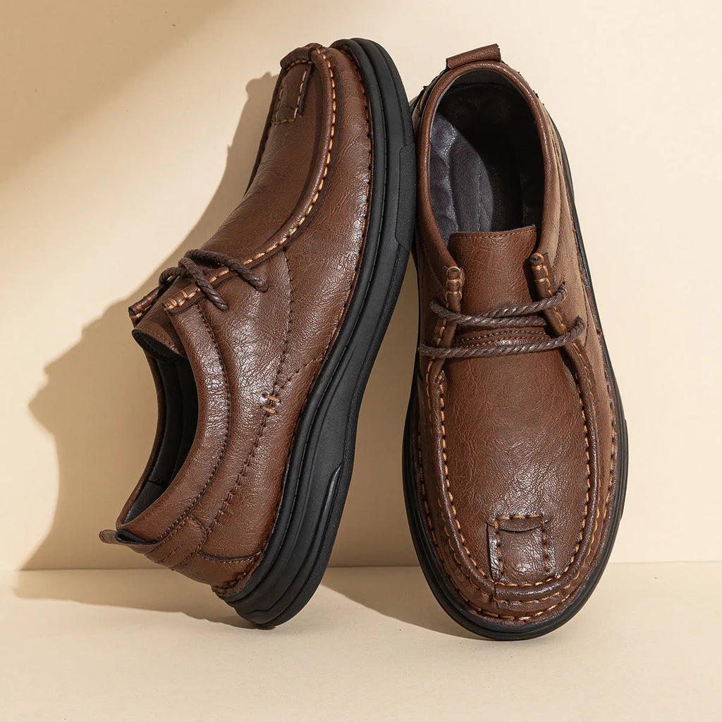 Business casual PU leather loafers for men, brown lace-up style with rubber sole and stitching detail
