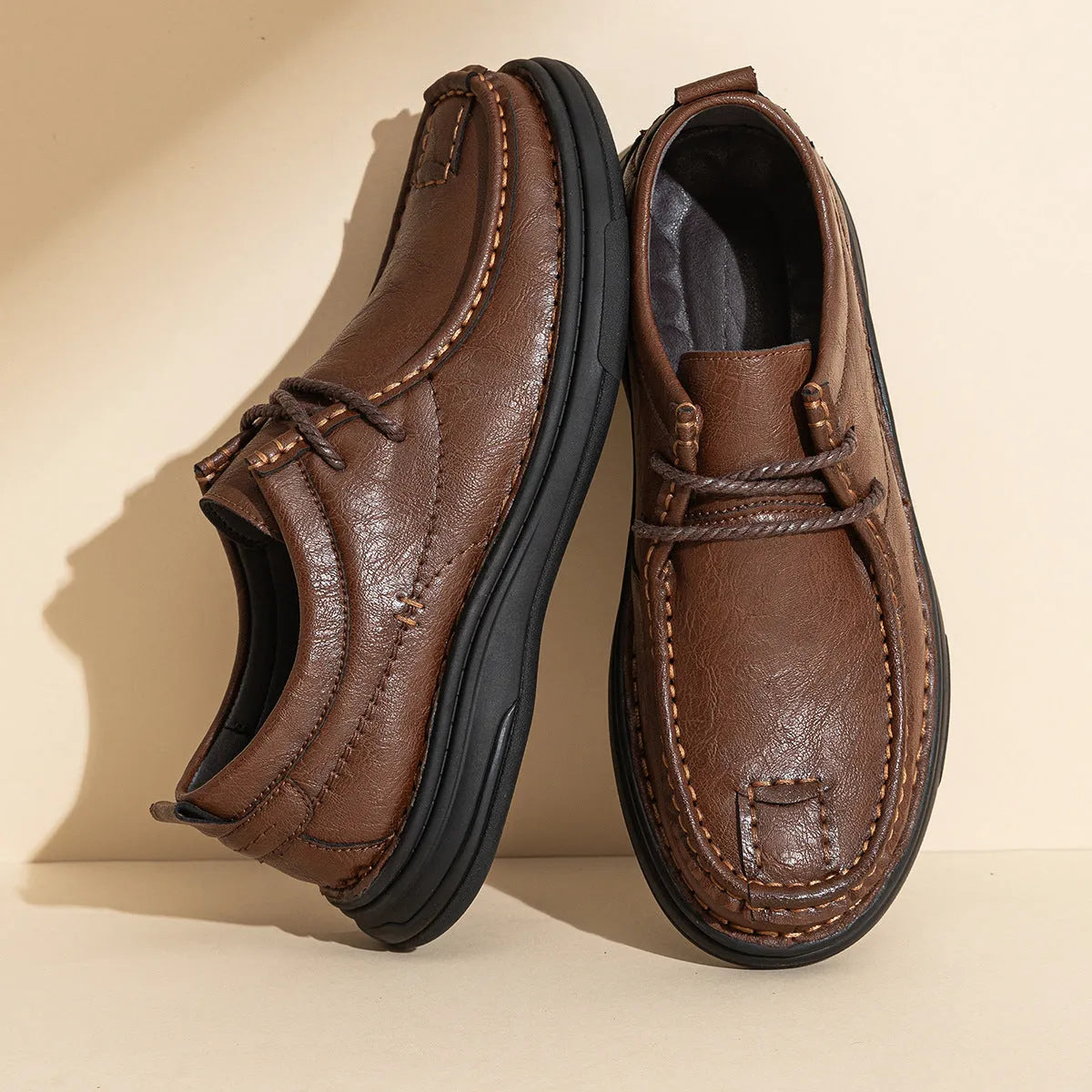 Business casual PU leather loafers for men, brown lace-up style with rubber sole and stitching detail