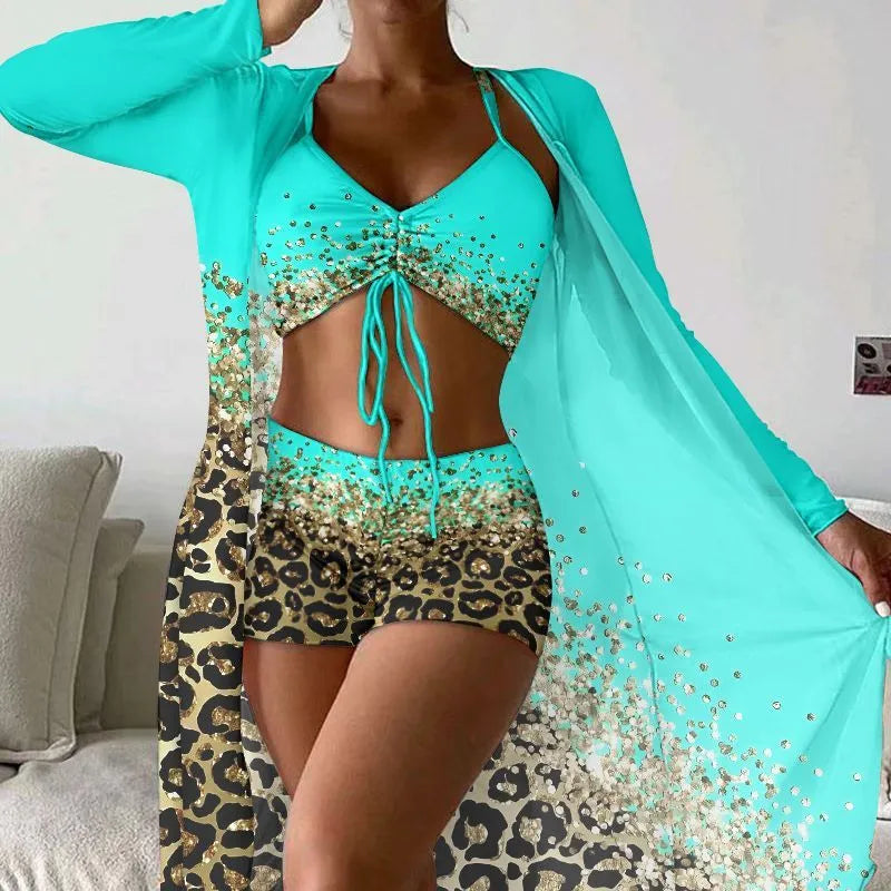 Women's lake blue swimsuit set with high waist briefs and sleeveless top