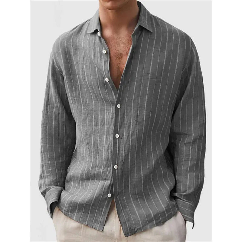 Men's striped long sleeve cardigan shirt in loose fit polyester available in multiple colours