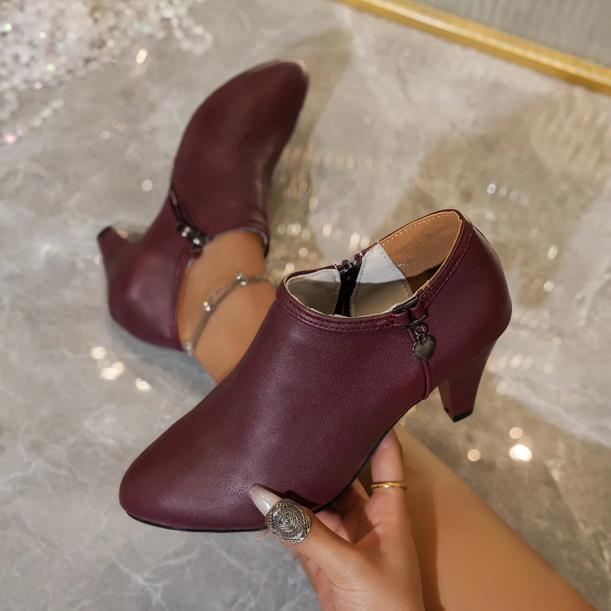 Casual pointed toe stiletto heel ankle boots with love decoration, side zipper, artificial leather, black colour