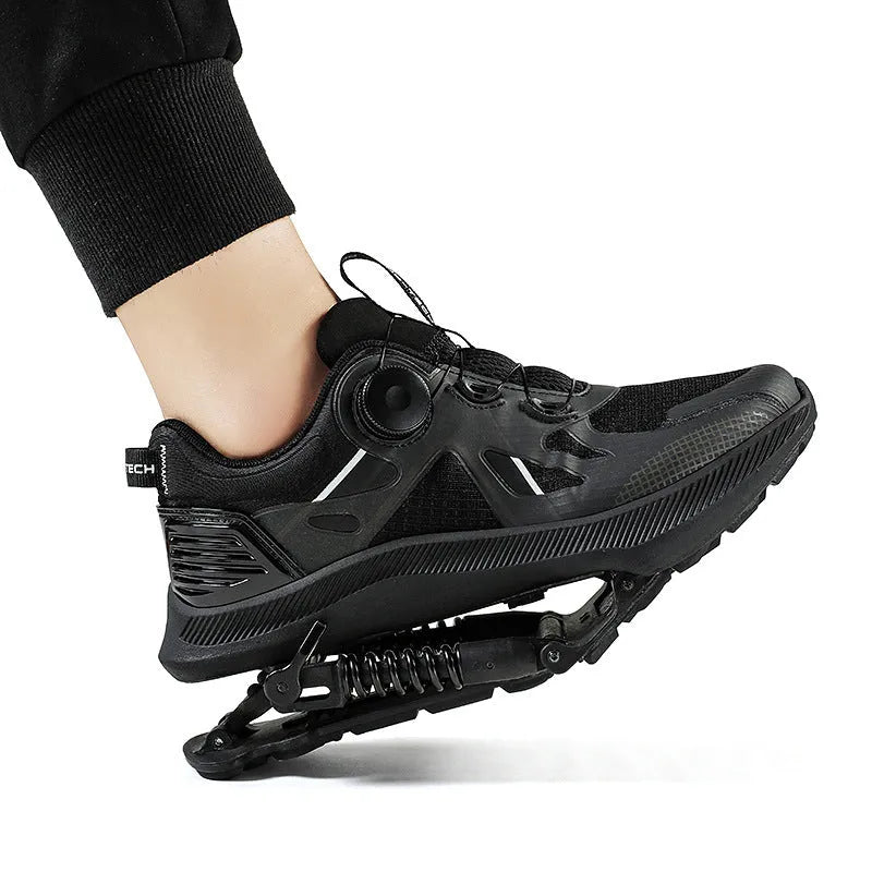 Black mid-top running shoes with mesh upper, leather stitching, and buckle closure on a rubber EVA sole.
